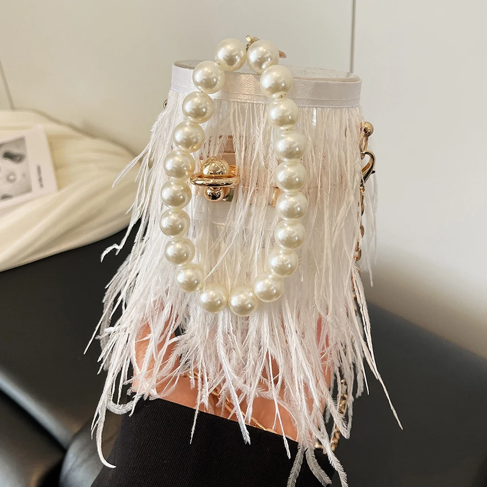 

Элегантная женская мини-сумка через плечо с перьями и цепочкой, в форме ведра, с жемчугом, прозрачная, трендовая, для банкетов