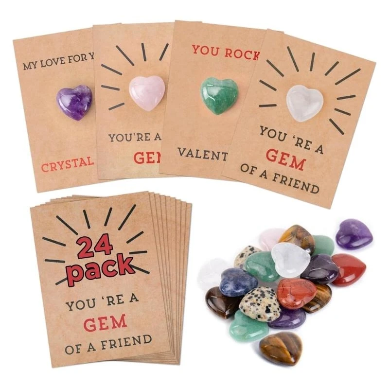 090F 24 Pieces Valentines Cards with Heart-Shape Crystals, Festival Greeting Cards