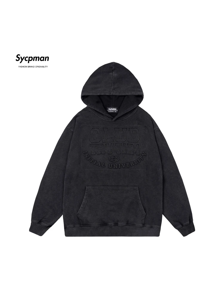 Sycpman American Style Vintage Embossed Letter Hoodies for Men Autumn Loose Hip Hop Hoodie Couple Casual Clothing