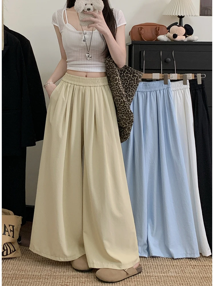 

Simple Folded Wide Leg Casual Pants Women's Summer 2026 New Elastic Waist Slimming Nine Points Pants Lazy Style All-Match