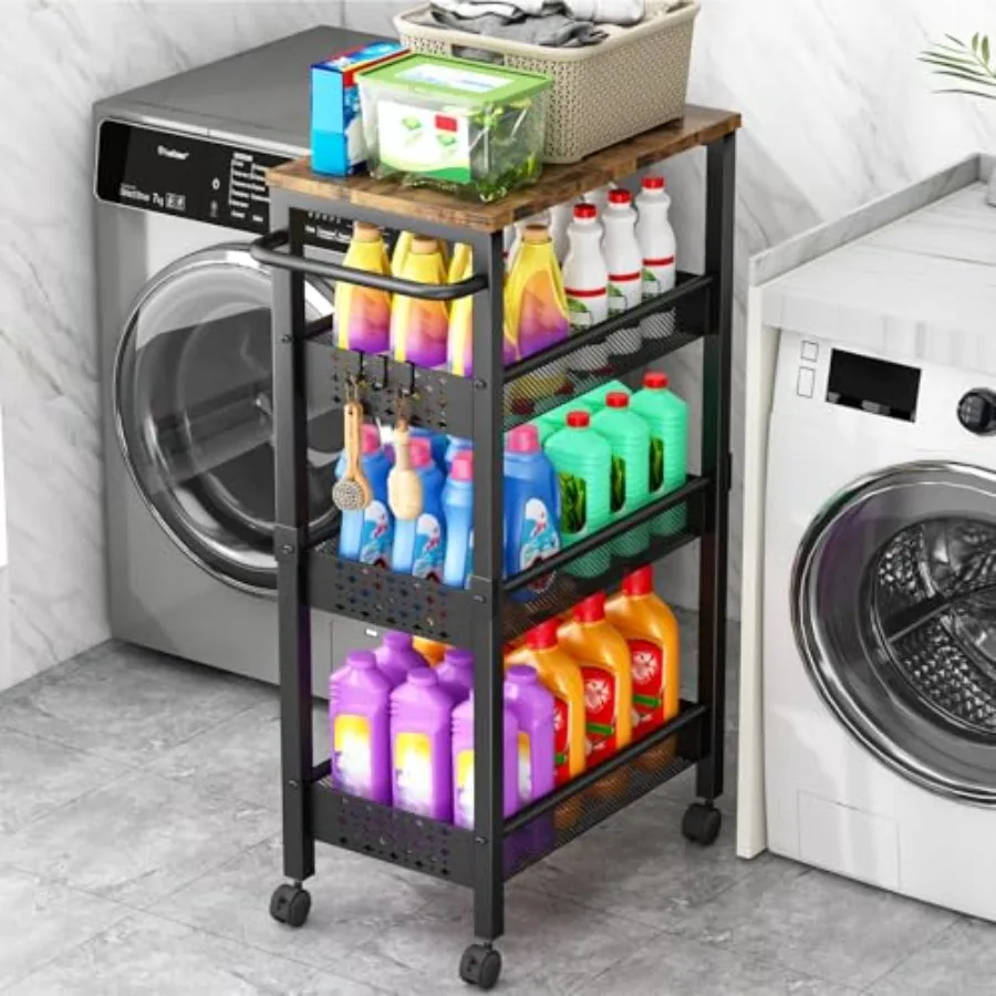 

Utility Slim Storage Cart with Wheels 4-Tier Narrow Rolling Organizer Shelf with Wood Top Metal Storage Rack Space-Saving Organ