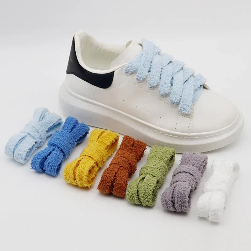 Flat Fuzzy Plush Shoelaces Soft Fluffy Decorative Shoe Laces with Plastic Tips Replacement Laces for Sneakers Casual Board Shoes