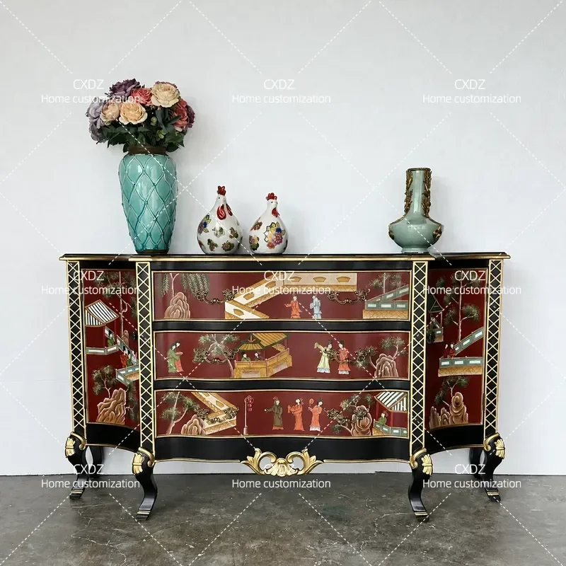 Chinese Painted Chest Cabinet Retro Living Room Porch Corridor Decorative Storage Cabinet for Bedroom 0687