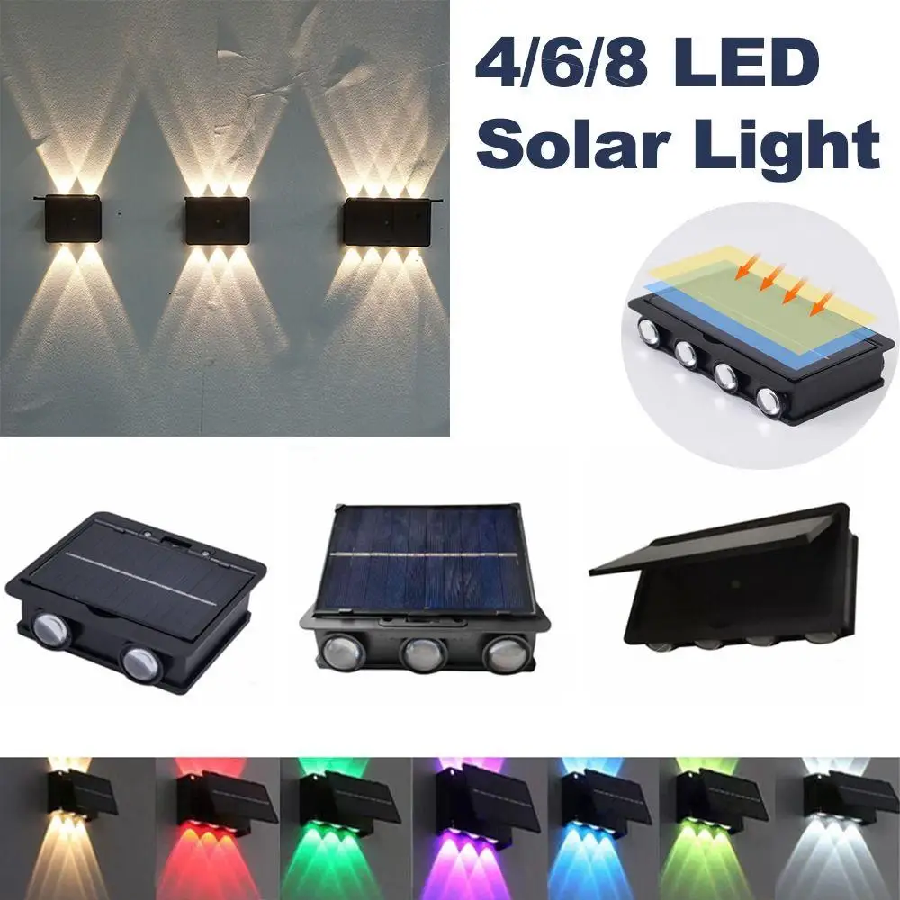 RGB Solar LED Wall Light 4/6/8 LEDs Up Down Lighting Waterproof Outdoor Garden Courtyard Decoration Lamp