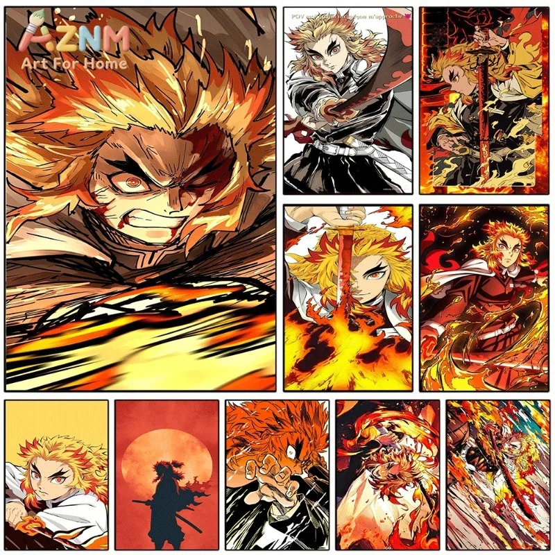 Cuadro de Kyojuro Rengoku, Hashira de las Llamas, de la serie Demon Slayer, en lienzo, para decoración de pared, sin marco, impresión en lienzo individual.