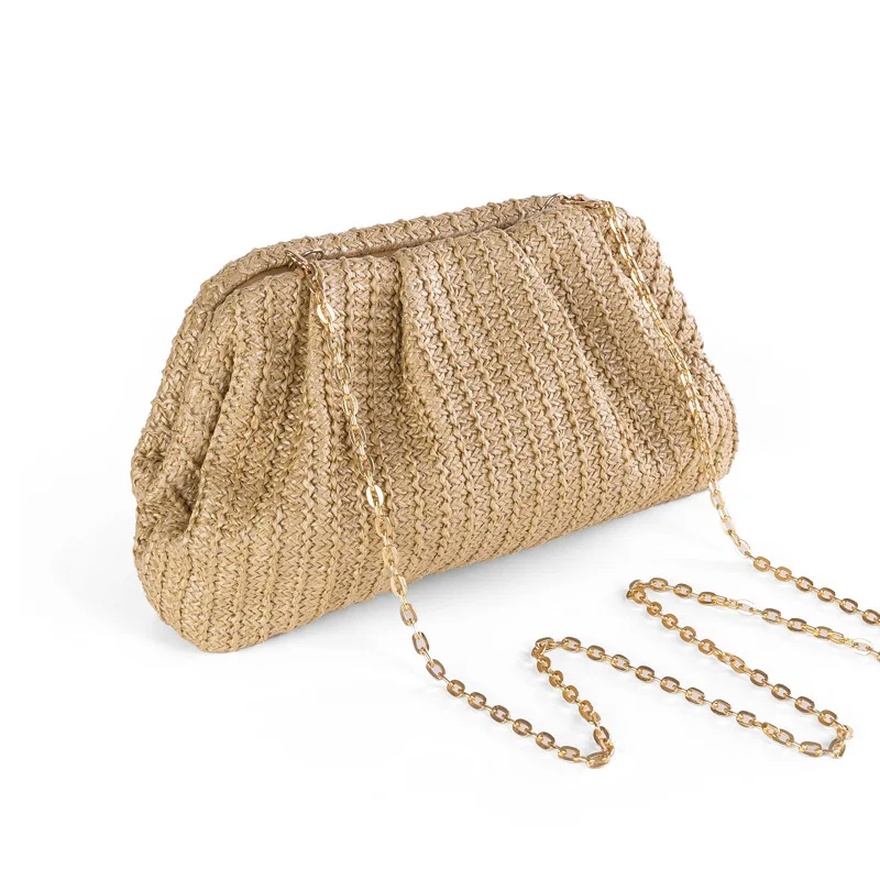 casual shell straw clutch bag for women chains shoulder crossbody bags summer beach bag small phone purses for party 2024