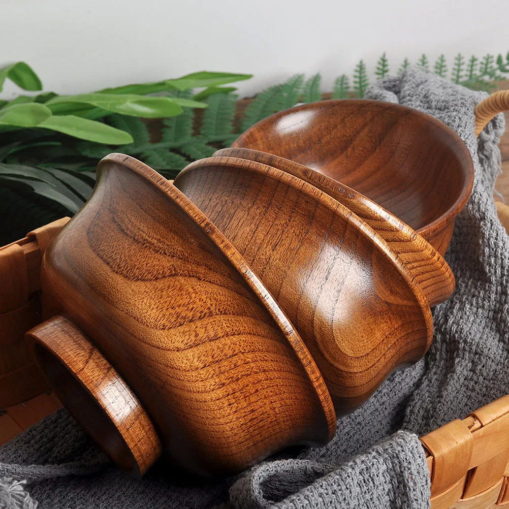 

1pc Wooden Set Anti-Scald Soup Bowl Round Food Serving Bowl For Salad Kitchen Supplies Wood Bowls For Dessert Rice Fruits