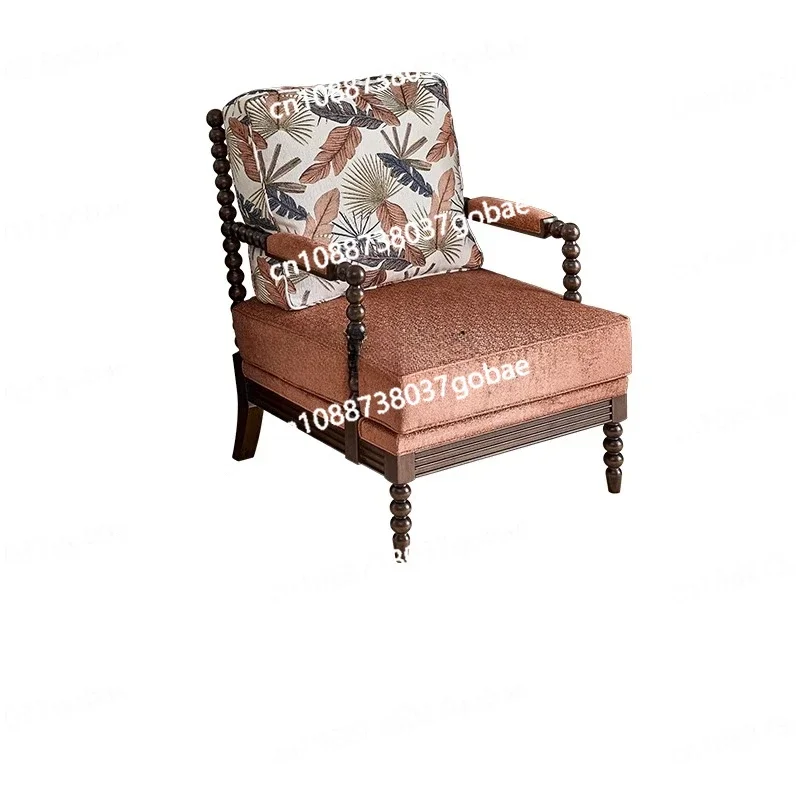 American Light Luxury Solid Wood Single-Seat Sofa Chair Balcony Vintage Fabric Leisure Living Room Tiger Lazy Bone Chair