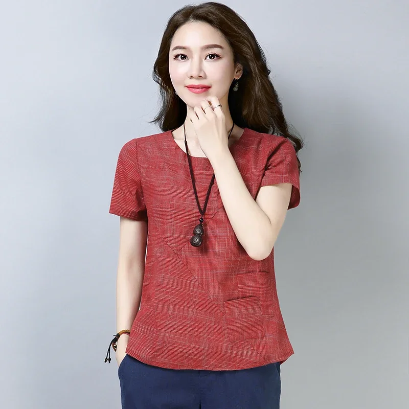 Women\'s Summer Blouses 2024 Vintage Linen Cotton Women Tops Blouses Short Sleeve Women Shirts Women Clothing Blusas 2127