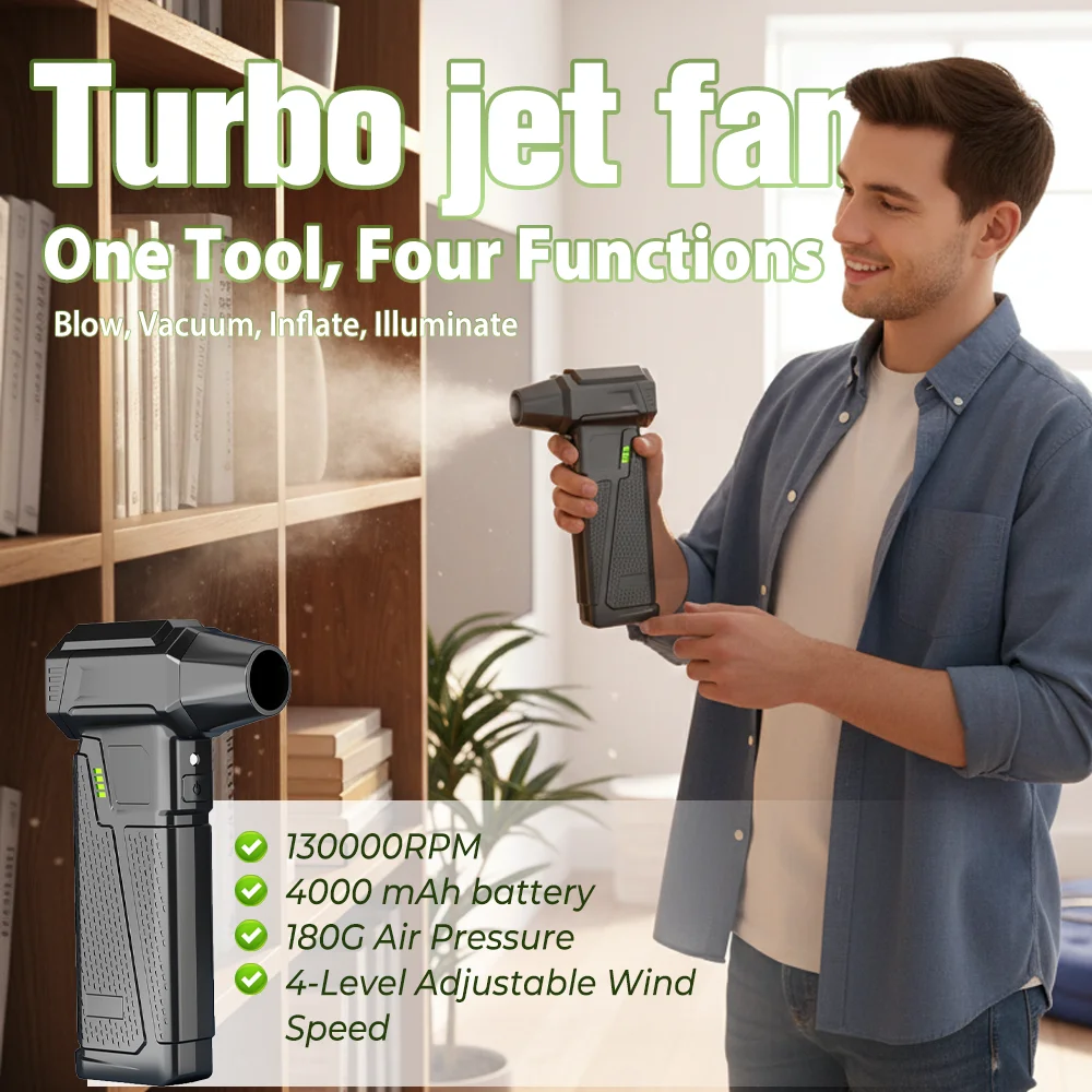 8000 مللي أمبير مروحة توربو منفضة هواء كهربائية قابلة للتعديل سرعة الرياح توربو منفاخ عنيف قابل لإعادة الشحن مع ضوء تنظيف السيارة #2