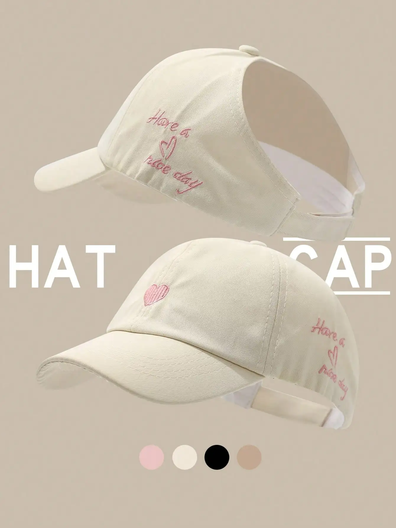 Women's Heart Embroidery Ponytail Hole Top Baseball Cap, Versatile Sun Visor Hat For Summer