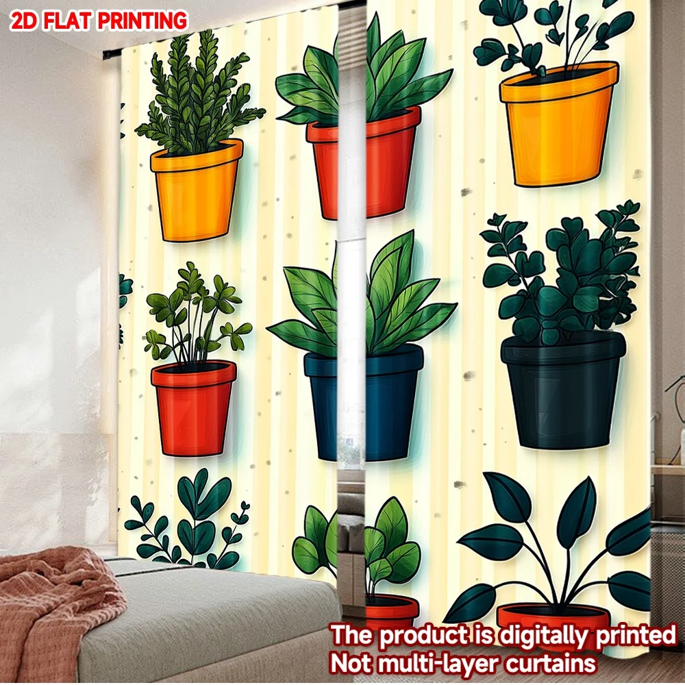 

2D плоская цифровая печать, 2 шт., шторы для окон, разноцветные растения в горшках, полиэстеровые занавески с цифровой печатью, праздничные, для праздников