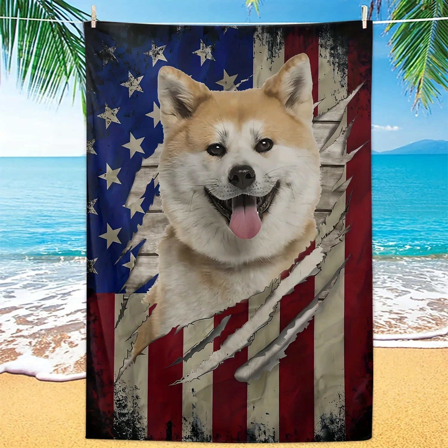 米国旗柴犬犬ビーチタオルブランケットタペストリー愛国的なペット愛好家の装飾海岸ビーチ家の装飾ギフト