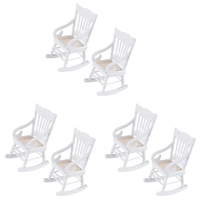 6 Pcs 1:12 Toy Miniature Furniture Wooden Rocking Chairs Toy Accessories For Doll House Decoration,White