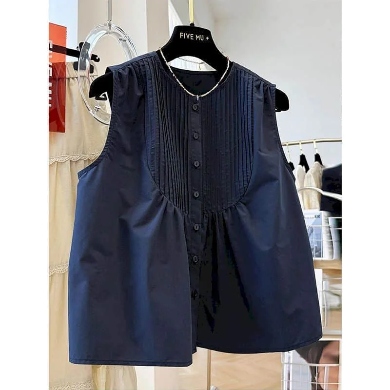 Well-designed Tank Tops O-neck Casual Korean Style Crop Tops Classy Aesthetic Pleated Design Shirts 2026 Summer Women Clothing