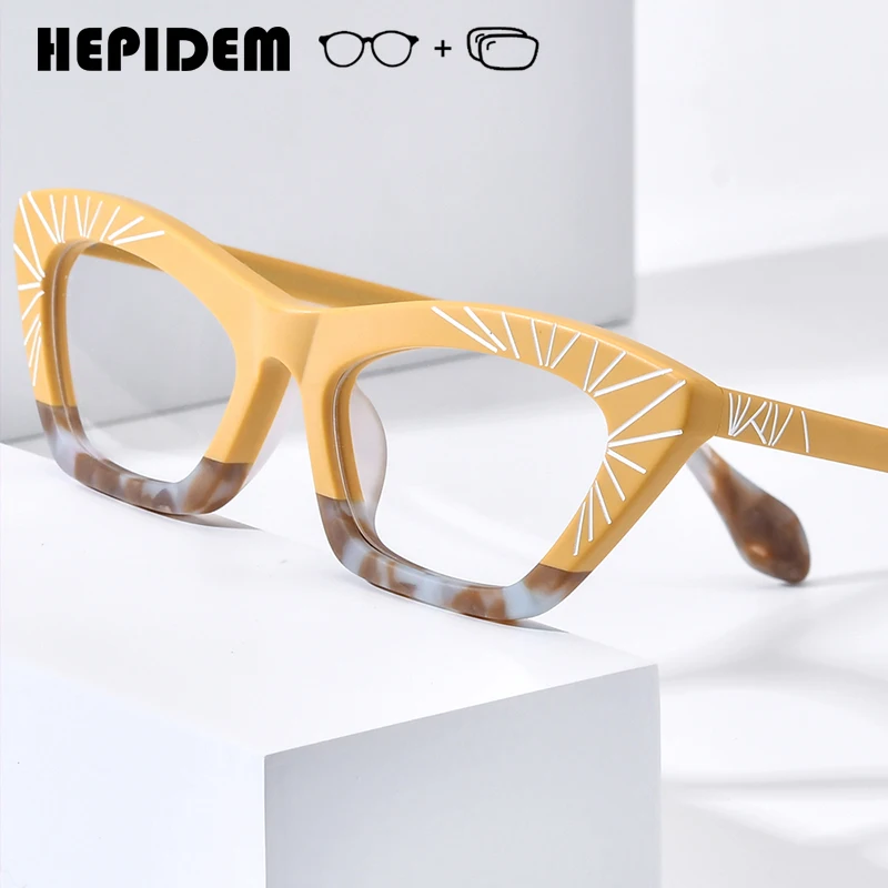 HEPIDEM Progressive Prescription Eyeglasses Anti Blue Myopia Optical Lens Eyewear Women Acetate Cat Eye Glasses 9344