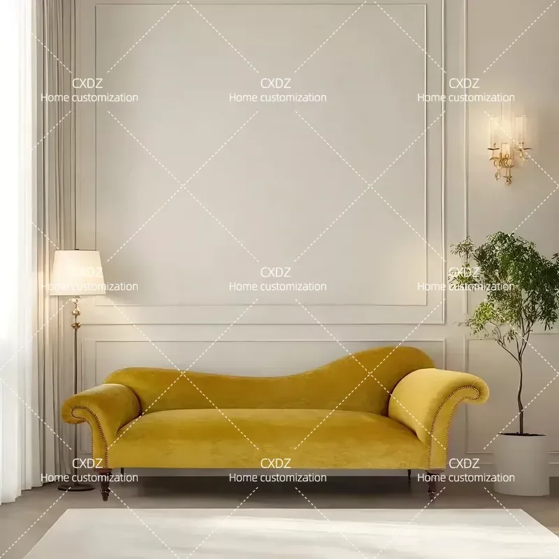 French Retro Yellow Flannel Chair Modern Simple Solid Wood Sofa Chair with Soft Padded Back for Hotel Living Room