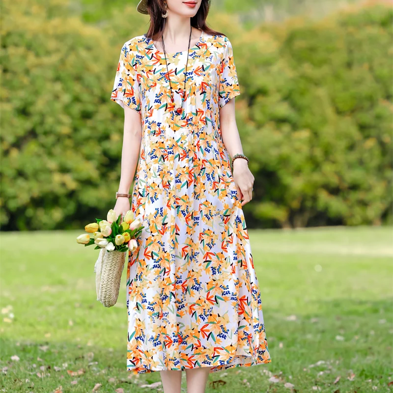 New 2025 Summer Dress For Women Plus Size Dress Casual Short Sleeve Boho Vintage Print Long Maxi Dress Beach Women Clothing