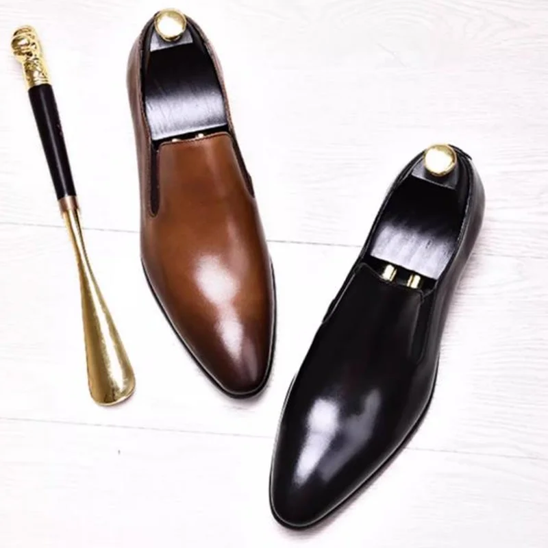 Men's Simple Style First-layer Cowhide Business Leather Shoes Pointed Toe Slip-on Dress Loafers Men Formal Shoes Leather Flats