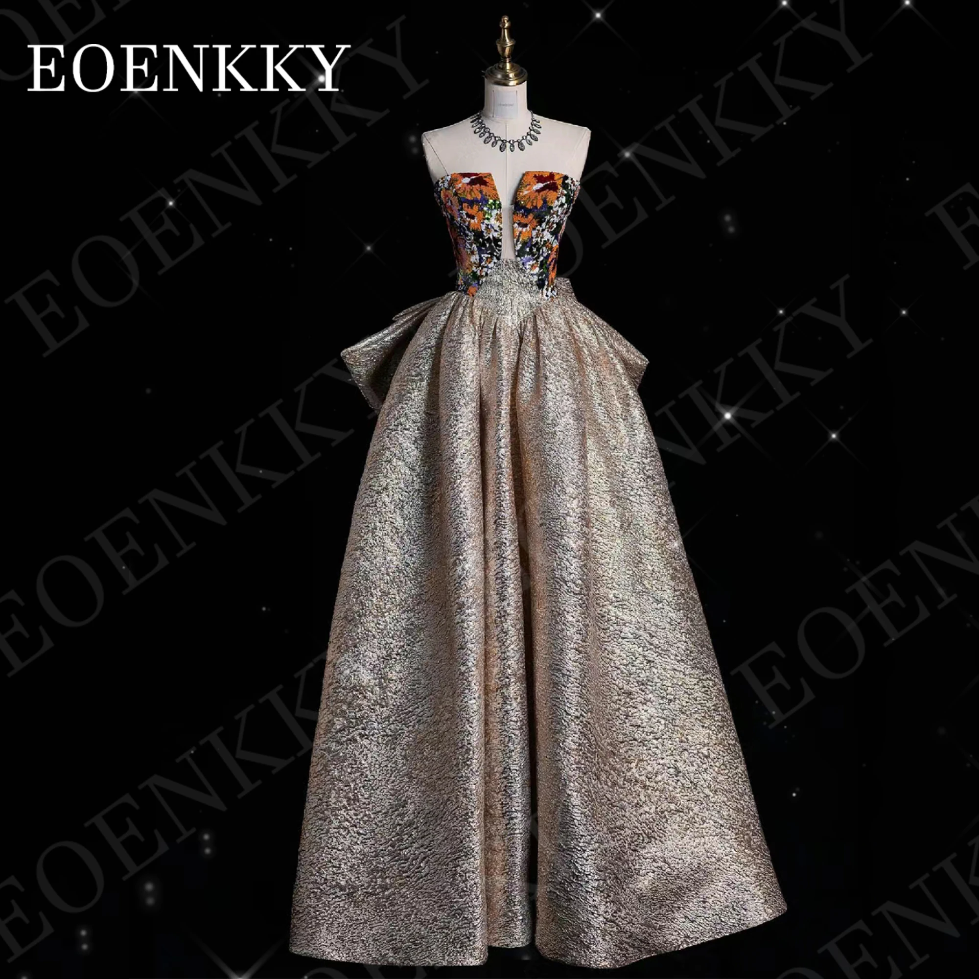 Robe de Rhde luxe A-Line à paillettes florales robes de banquet sans bretelles longueur au sol nœud en fibre dos ouvert Luxe a - ligne robe de bal sequin fleur bretelles au sol robe de banquet avec arc sans manches par