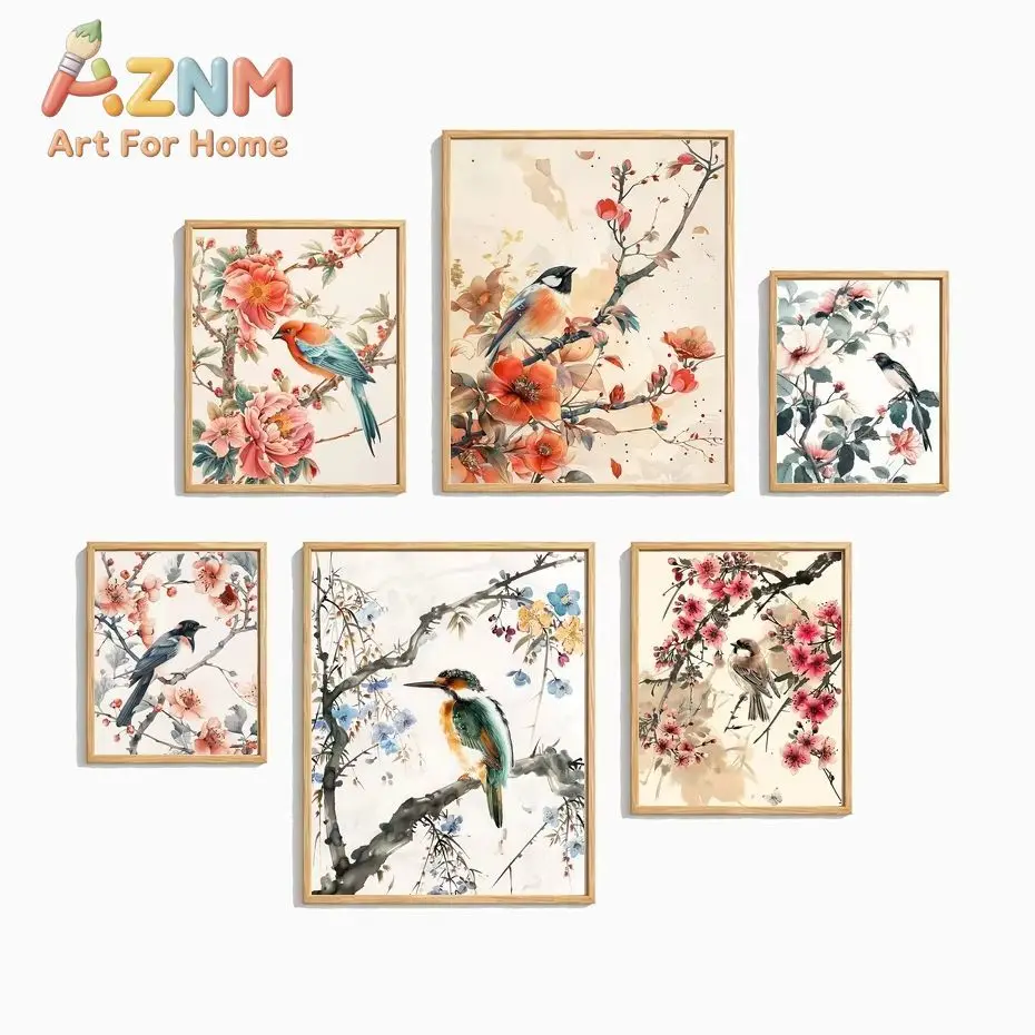 Nordic Wall Art Bird & Flowers Chinese Style Canvas Painting Modern Style Poster Prints Bedroom Living Room Wall Decor