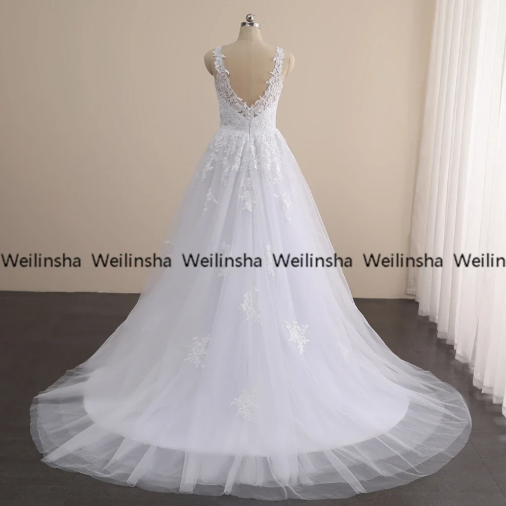 Exquisite Weiß A-linie Ärmellose V-ausschnitt Hochzeit Kleider Hohe Qualität Sweep Backless Bodenlangen Prinzessin Tüll Roben 2021 Neue