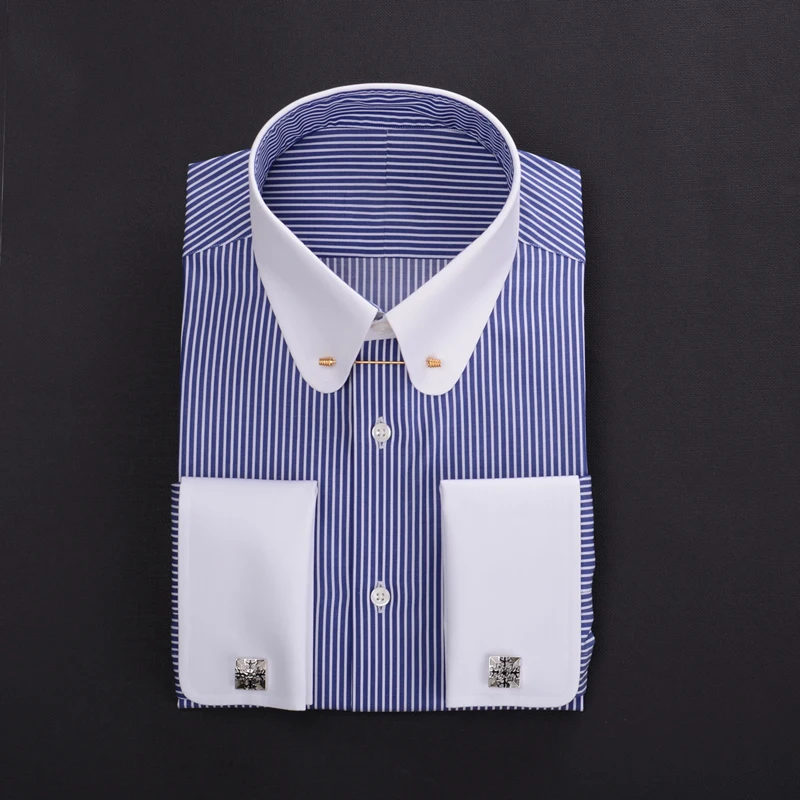 Camisa de hombre con puños franceses y cuello imperio con cuello estenopeico, camisa personalizada a rayas de algodón 100% de negocios para hombre