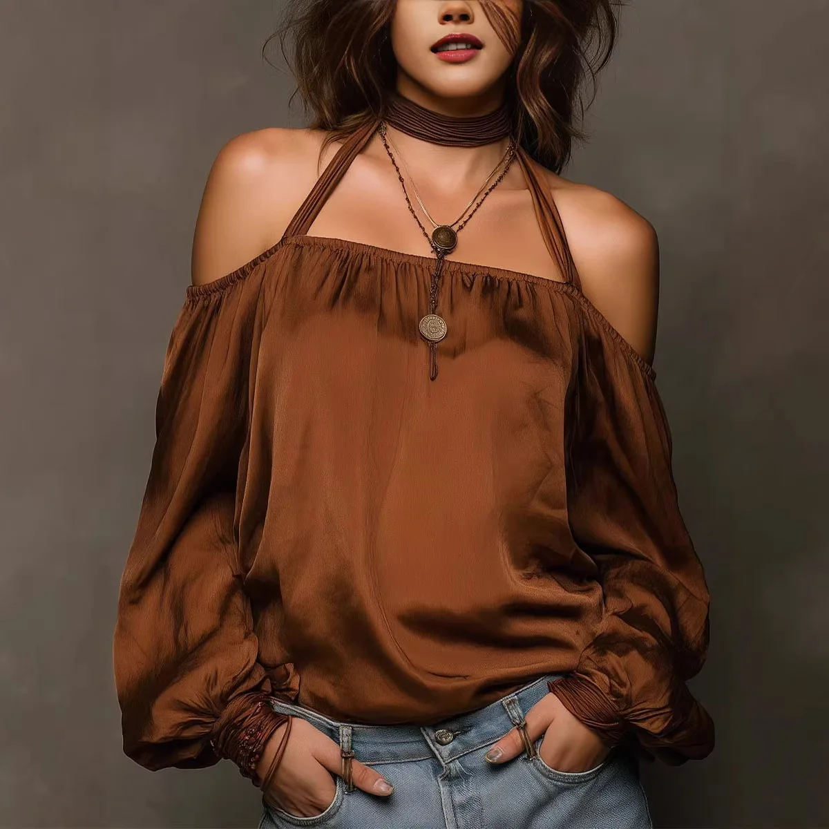 

European American Blouses for Women Neck-hanging Long Sleeve Off Shoulder Tops Fashion Female Shirts Vacation Ladies Blouse