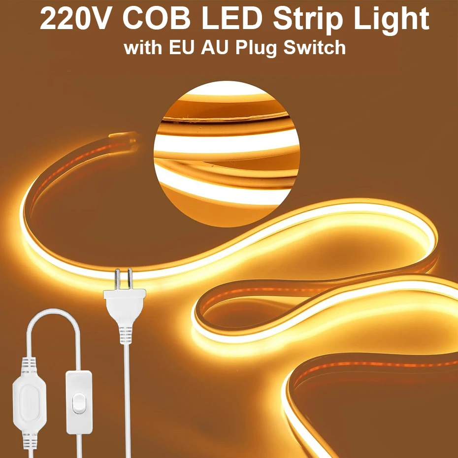 

Светодиодная лента COB AC220V, водонепроницаемая, гибкая, с вилкой-переключателем EU/AU, неоновая лента для домашнего и наружного освещения