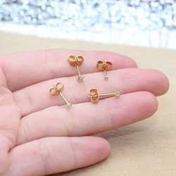 Super Mini 1.5MM 2MM Zircons Stainless Steel Push Back Stud Earrinngs For Men Women 2PC Delicate Jewerlry