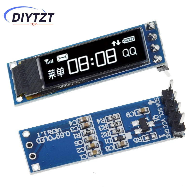 DIYTZT 0,69-дюймовый модуль OLED-дисплея 96x16, белый дисплей, 0,69 дюйма SSD1306, плата управления ЖК-экраном для Arduino, интерфейс IIC 3-5,5 В