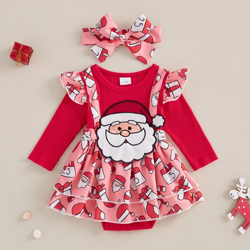 0 to 18 Months Christmas Baby Girls Bodysuit Long Sleeve Santa/Gingerbread Jumpsuit with Headband Baby Clothing