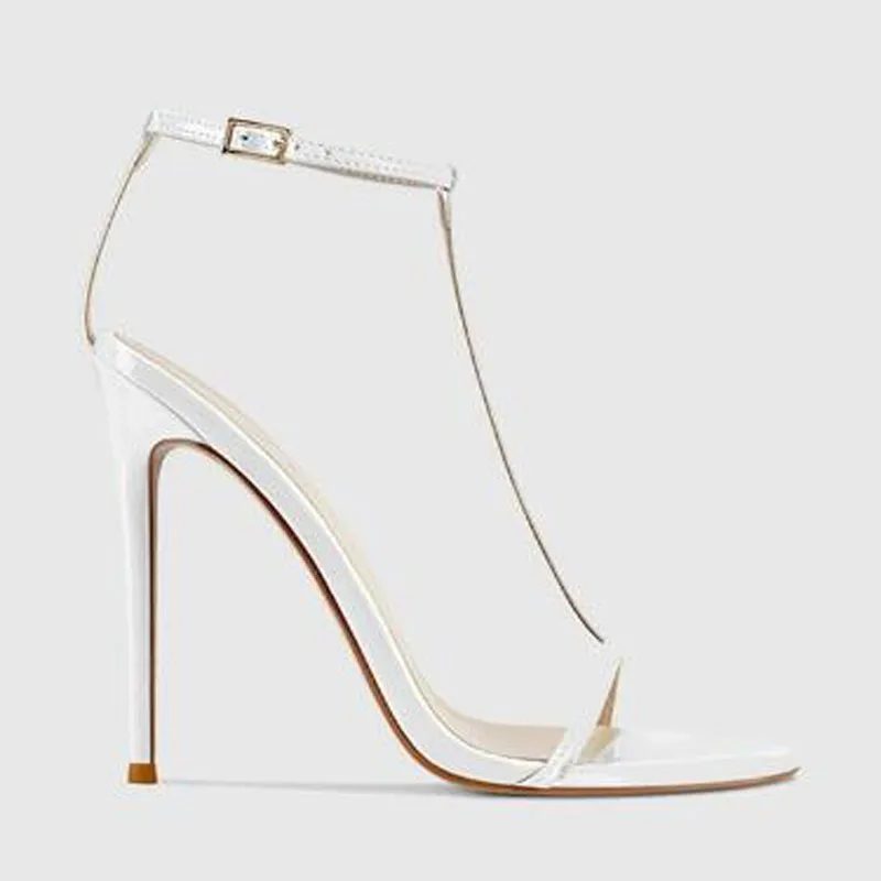 جديد السيدات الأبيض الصلبة الجلود جولة المفتوحة تو T الكاحل حزام الصيف الصنادل النساء خنجر كعب العروس أحذية الزفاف انخفاض الشحن