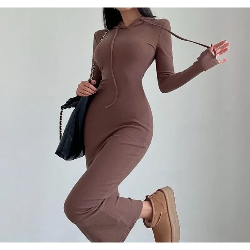 

Pure and Sexy Autumn Sweatshirt Dress for Women Hip-hugging Knee-length Hot Girl Hooded Long-sleeve Base Layer Long Dress