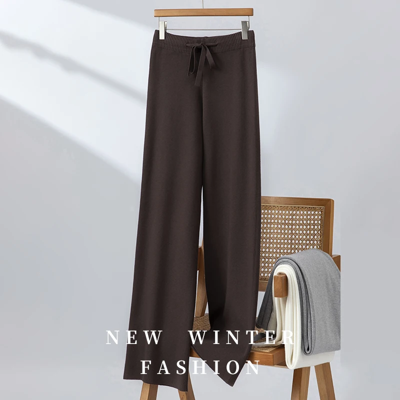 

Women Cashmere Trousers Elastic Waist Wide Leg Pants Autumn Winter Cashmere Knitwear Casual Drawstring Pants Women