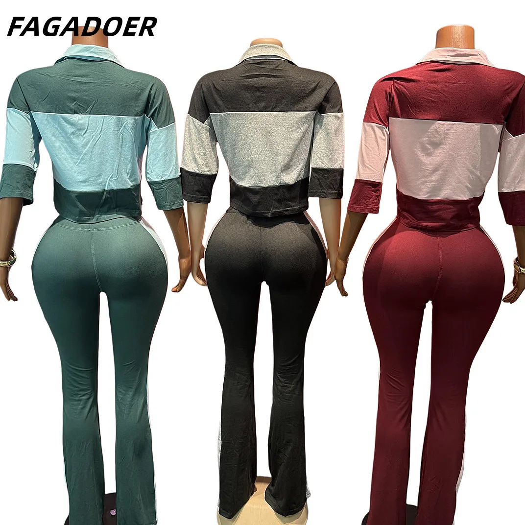 FAGADOER Fashion Color Patchwork 2 Piece Sets Trendy Short Sleeve Crop Top High Waist Flare Pants Outfits Street Style Suits New image 5