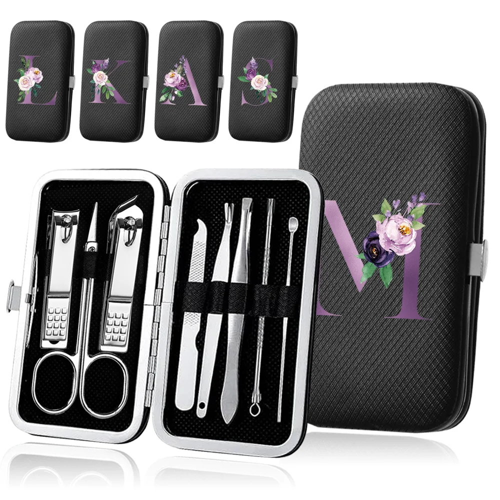 

8Pcs Nail Cutter Kit Stainless Steel Nail Clippers Set Manicure Tools Professional Pedicure Organizer Case Purple Letter Pattern