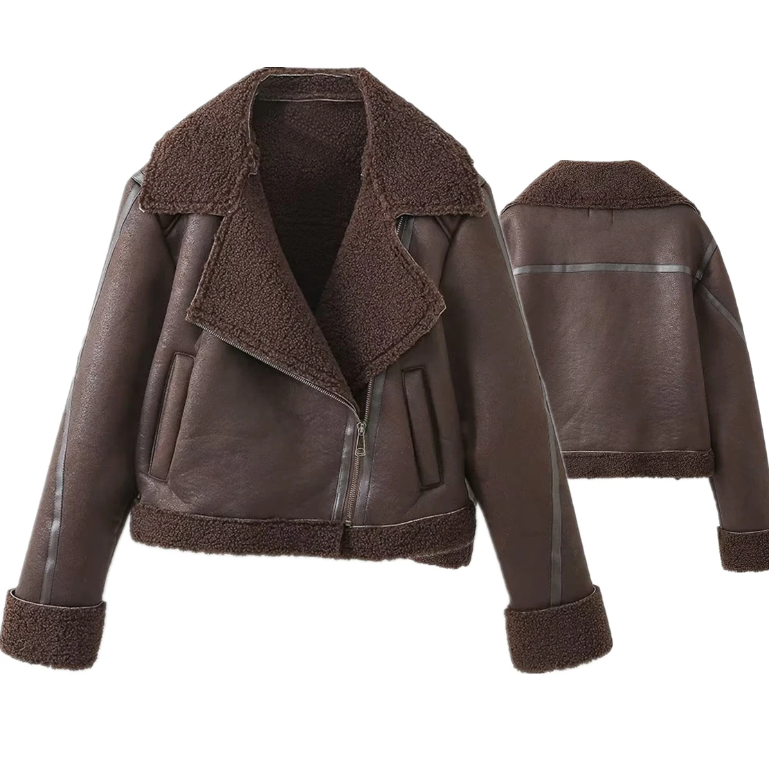 Withered Retro Plush Lapel Winter Coat Women Motorcycle Leather Jacket Girls Tops