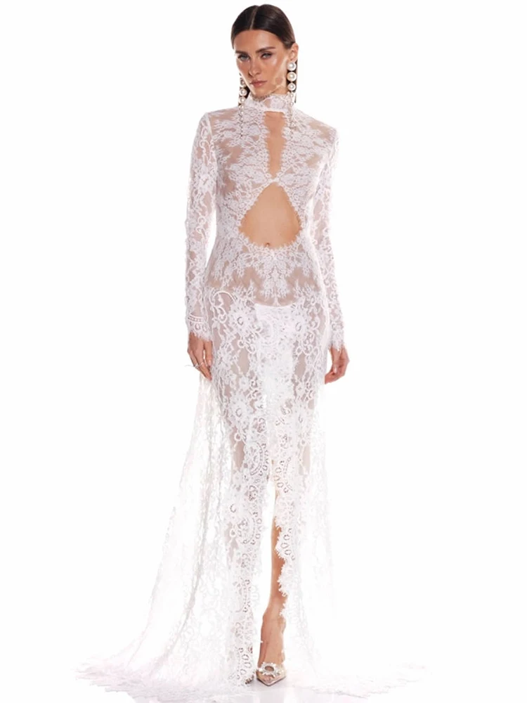 VC Sultry Sexy White Lace Long Sleeves with Cutout & Slit Sheer for Parties Wedding Gown
