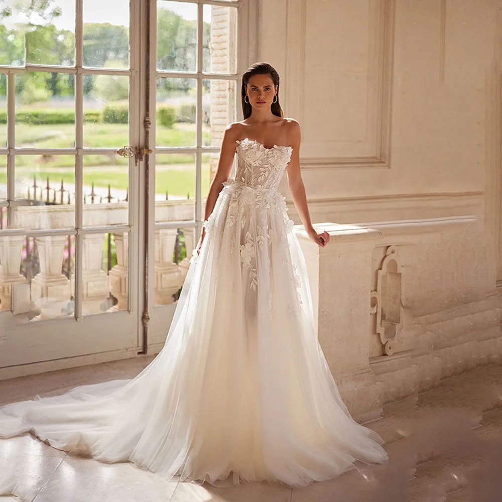 ZIBUYU bretelles chérie 3D Floral brodé Tulle robes de mariée 2025 sans manches cathédrale Train robes de mariée personnalisées