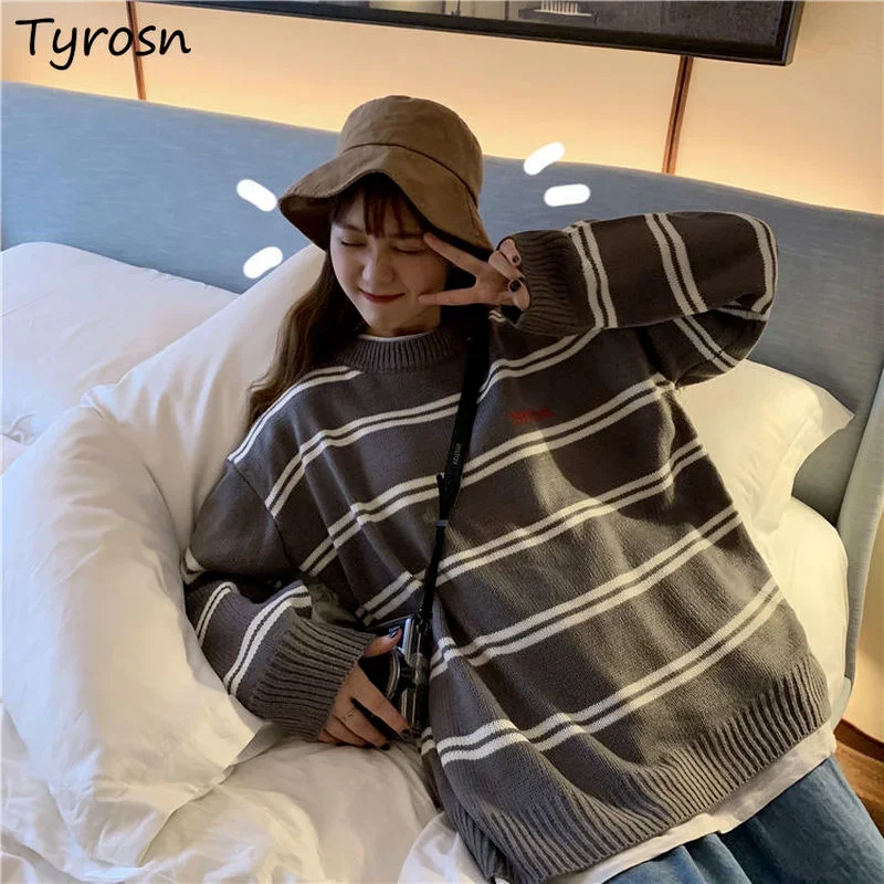 

Pullovers Women Striped Long Sleeve Tops Spring All-match Japanese Style Loose Harajuku Casual Vintage Streetwear Sweaters Chic