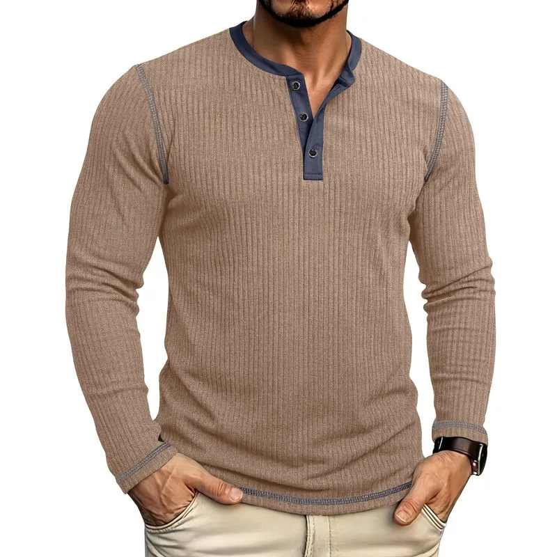 Autumn Winter Men's Henry Collar Long Sleeve Tshirt American Style Patchwork Business Casual Tees Tops Man Daily Pull On T Shirt