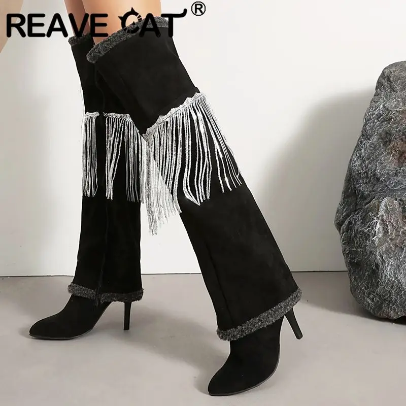 

REAVE CAT 2025 New Style Tassel Thigh Boots Round Toe 9cm Stiletto Heel Flock Suede Zipper Size 43 44 45 Party Over Knee Booties