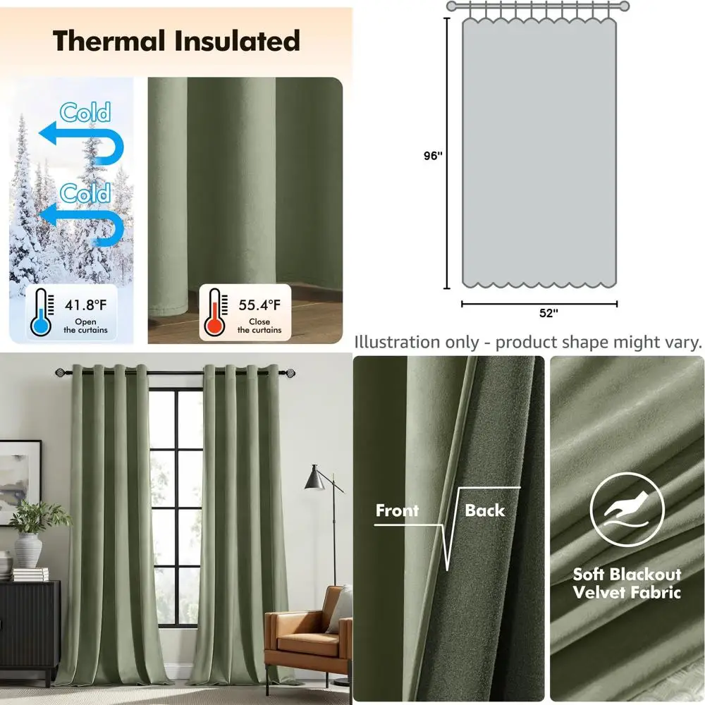 

Элегантные шторы с люверсами цвета шалфейной зелени, термоизоляционные, звукоизоляционные и светонепроницаемые, 52x96 дюймов, комплект из 2 штук для классического интерьера гостиной и спальни