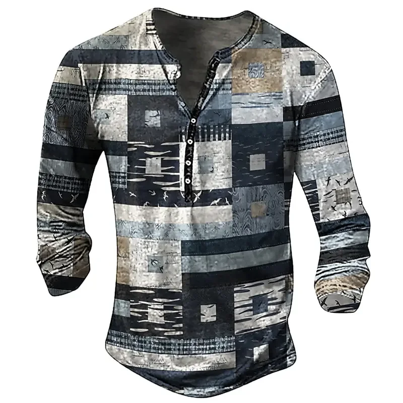 Patchwork Vintage Men\'s T Shirt Cotton T Shirt Plaid Printed T Shirt Long Sleeve Hennessy Shirt Oversized Men\'s Tops T Shirt