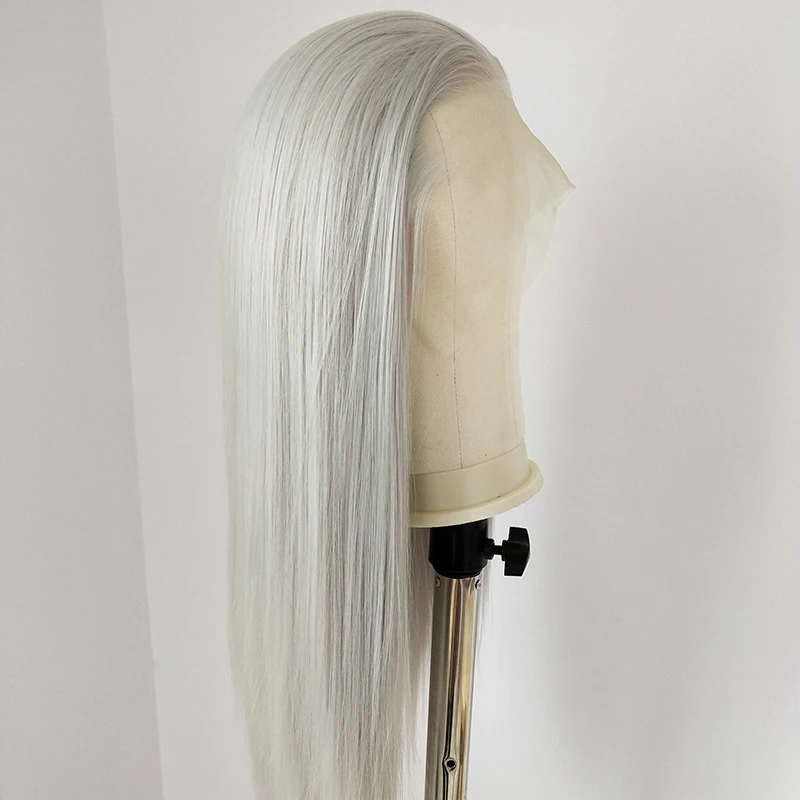 Wig Depan Renda Abu-abu Perak untuk Umum 26 Inci HD Panjang Lurus 13*4 Renda Frontal Alami Sintetis Kualitas Tinggi untuk Cosplay