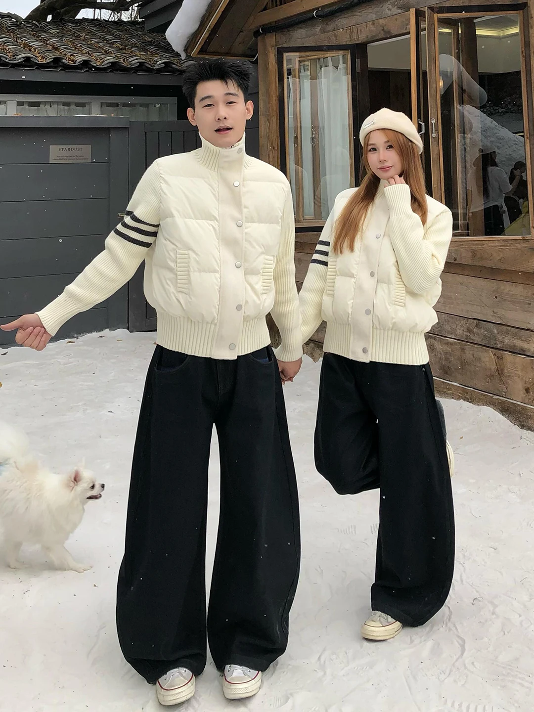 

Thiened Knitted Cotton Jaet for Couples Winter Warm Stand Collar Padded Coat Men Women Casual Stand Fit Long Sve