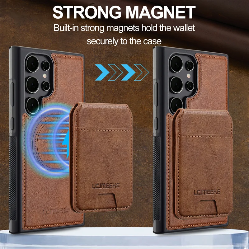 2 In 1 Magsafe Wallet Leather Phone Case For Samsung Galaxy S25 S24 S23 S22 S21 Ultra Plus S20 FE Magnetic Card Holder Cover