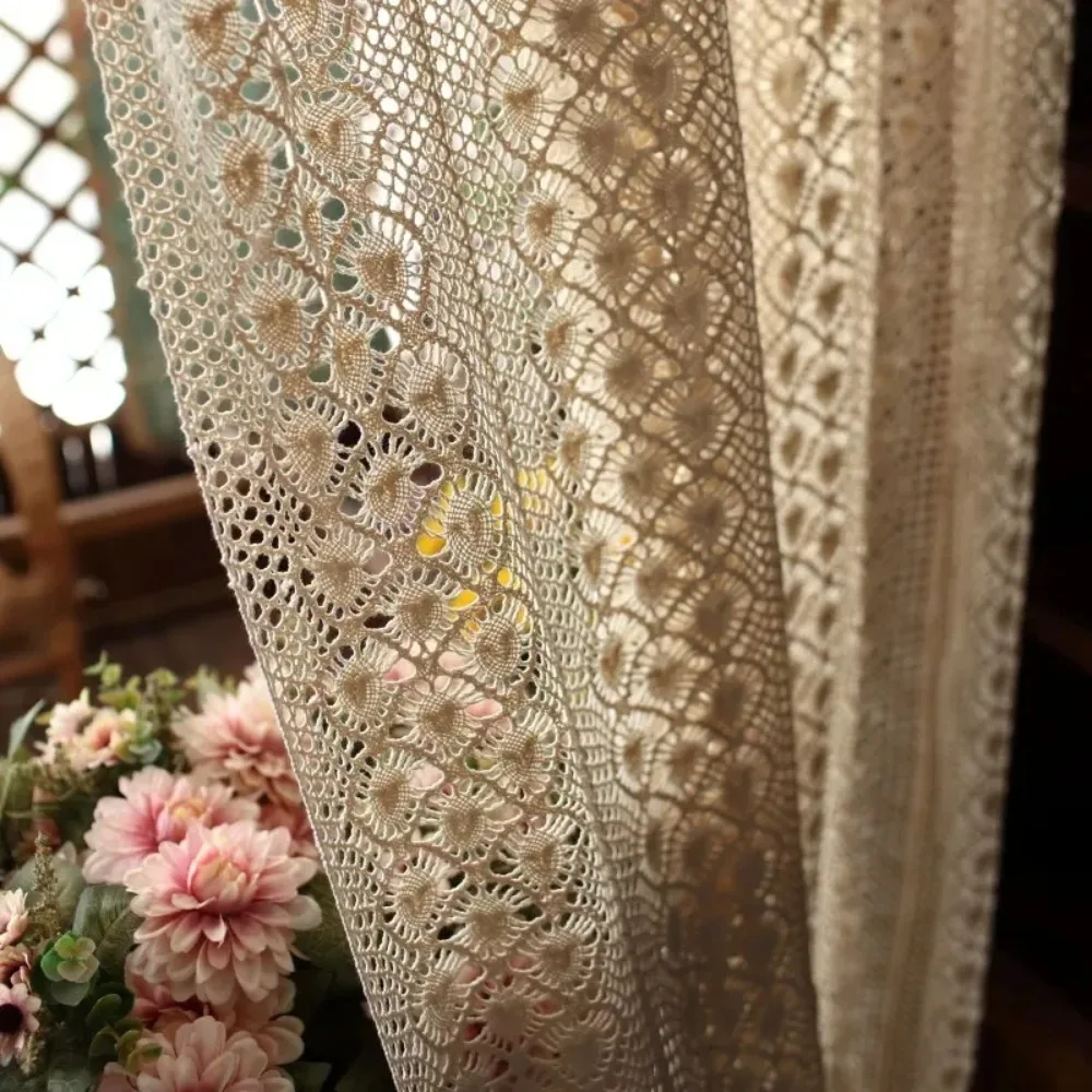 Chic Beige Crochet Knitting Curtains for Bedroom Cotton Linen Hollowed Retro Farmhouse Patio Window Drapes