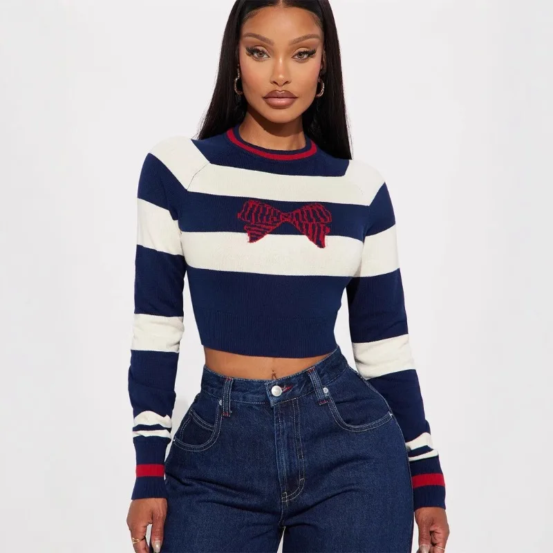 2024 Autumn New Style Round Neck Colorful Striped Long-Sleeved Shirt Navel-Baring Slim-Fit Retro Short Crop Top